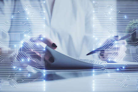 Tech theme hologram over woman's hands taking notes background. Concept of hightech. Double exposure