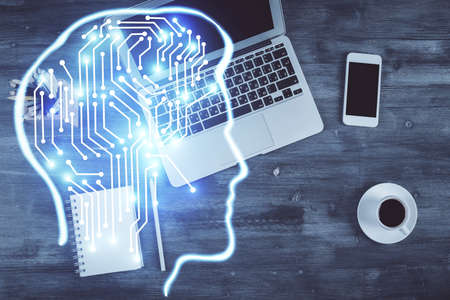 Multi exposure of brain sketch hologram over topview work table background with computer. Concept of...