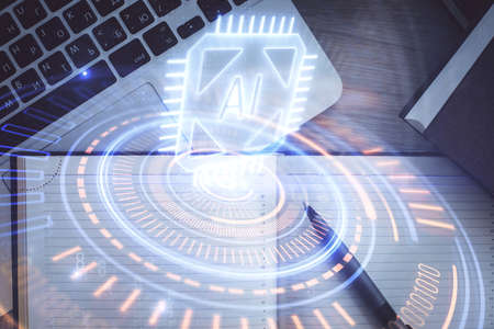 Multi exposure of data theme drawing hologram over topview work desk background with computer....