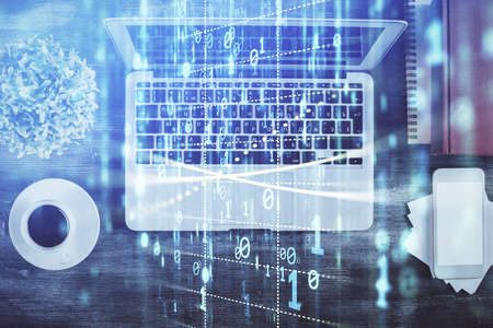 Multi exposure of data theme drawing hologram over topview work desk background with computer....