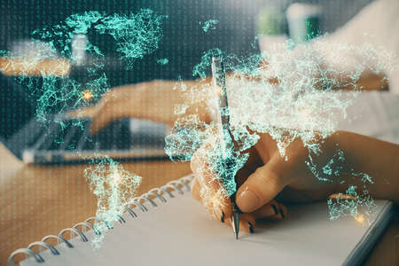 Double exposure of social network theme drawing over people taking notes background. Concept of human connectionの写真素材