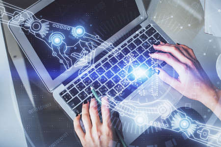 Double exposure of woman hands working on computer and data theme hologram drawing. Top View....
