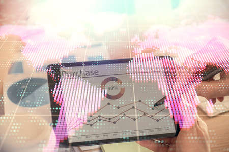 Double exposure of man's hands holding and using a phone and international business theme drawing.