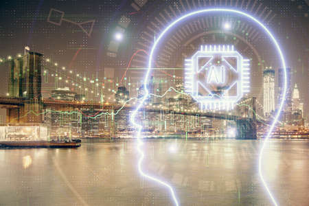 Brain hologram drawing on city scape background Double exposure. Brainstorming concept.