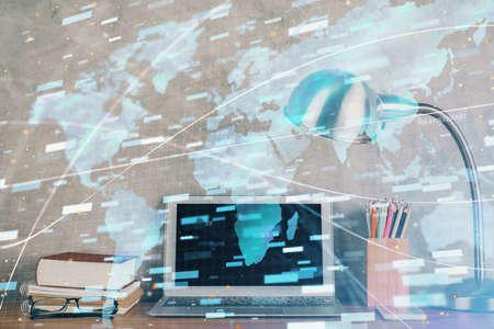 Multi exposure of desktop with computer on background and tech theme drawing. Concept of big data.の写真素材