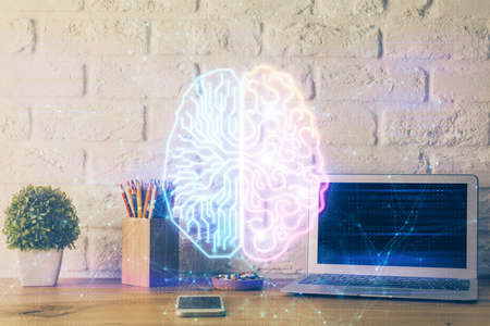Double exposure of desktop computer and human brain drawing hologram. Ai concept.の写真素材