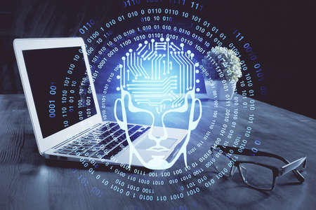 Multi exposure of work space with computer and human brain hologram. Brainstorm concept.の写真素材