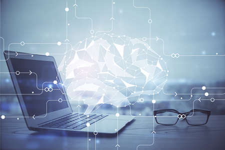 Multi exposure of work table with computer and brain hologram. Brainstorm concept.の写真素材