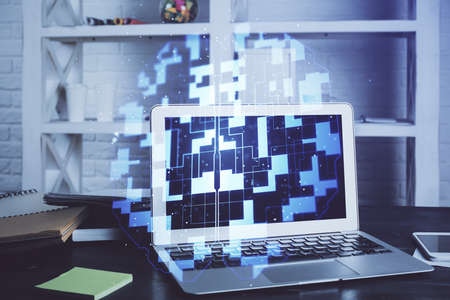 Technology theme drawing and work space with computer. Multi exposure. Concept of innovation.