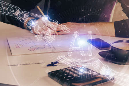 Man's hands with technology theme multi exposure icons. Concept of big data.