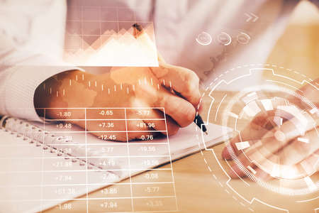 Multi exposure of man planing investment with stock market forex chart background. Concept of...