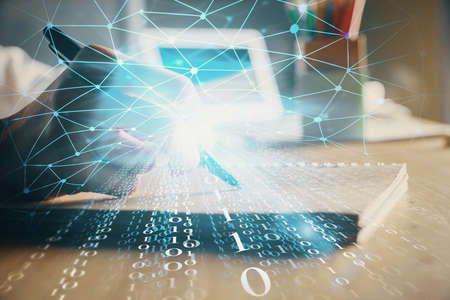 Multi exposure of woman's hands on background with technology and digital coding icons. Data...