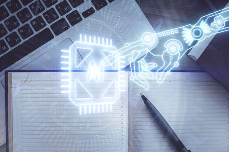 Multi exposure of data theme drawing hologram over topview work desk background with computer....