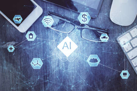 Multi exposure of technology theme drawing over work table desktop. Top view. Global data analysis...