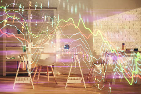 Double exposure of financial graph drawing and office interior background. Concept of stock market.