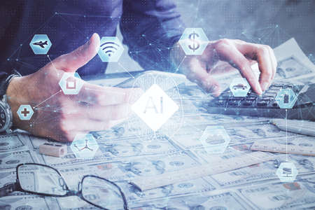 Multi exposure of mans hand holding and using a digital device and data theme drawing. Innovation...