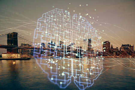 Brain hologram drawing on city scape background Double exposure. Brainstorming concept.