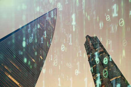 Data theme hologram drawing on city view with skyscrapers background double exposure. Ai concept.