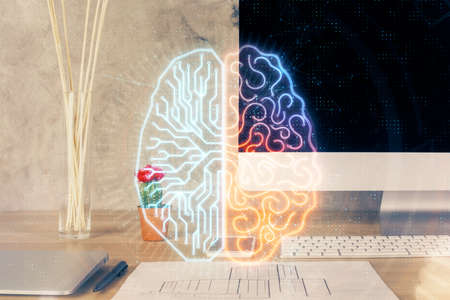 Double exposure of desktop computer and human brain drawing hologram. Ai concept.の写真素材