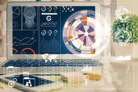 Multi exposure of desktop computer and technology theme hologram. Concept of software development.