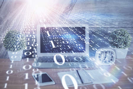Double exposure of computer and technology theme hologram. Concept of freelance work.