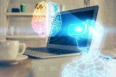 Computer on desktop with AR theme icon. Multi exposure. Concept of augmented reality.