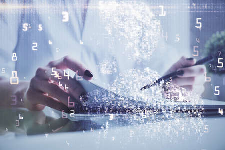 Tech theme hologram over womans hands taking notes background. Concept of hightech. Double exposure
