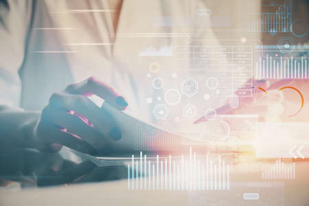 Multi exposure of hands making notes with digital coding icons. Computer learning concept.