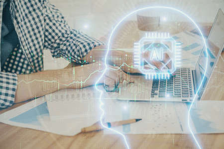 Man typing on keyboard background with brain hologram. Concept of big Data. Double exposure.