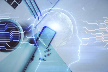 Multi exposure of brain sketch hologram over topview work table background with computer. Concept of...