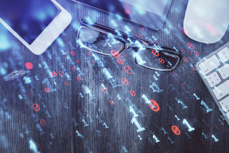 Multi exposure of technology theme drawing over work table desktop. Top view. Global data analysis...