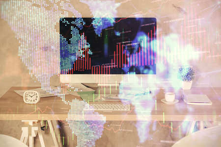 Multi exposure of financial graph drawing and office interior background. Concept of market...