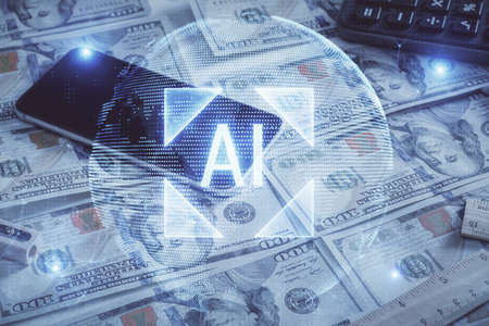 Double exposure of data theme drawing over us dollars bill background. Technology concept.