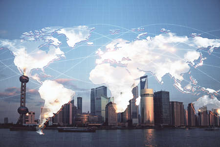 Double exposure of business theme hologram drawing and city veiw background. Concept of success.
