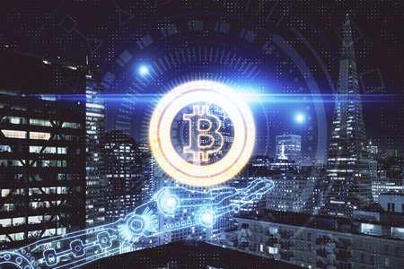 Multi exposure of cryptocurrency theme hologram drawing and city veiw background. Concept of...