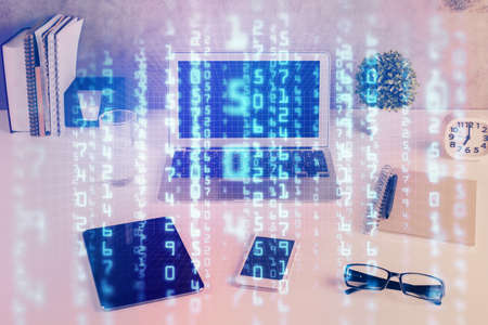 Multi exposure of table with computer on background and data theme drawing. Concept of innovation.