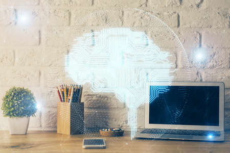 Double exposure of desktop computer and human brain drawing hologram. Ai concept.