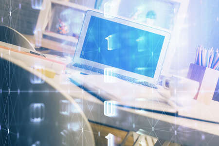 Double exposure of desktop with personal computer on background and tech theme drawing. Concept of...