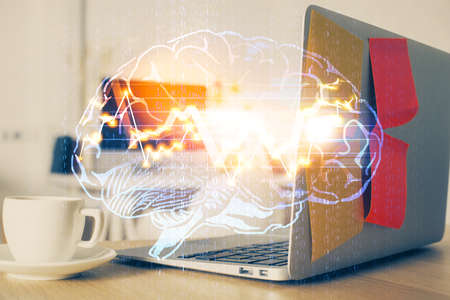 Double exposure of work space with computer and human brain drawing hologram. Brainstorm concept.