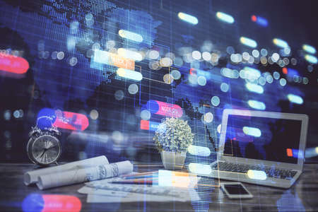 Double exposure of computer and technology theme hud. Concept of innovation.