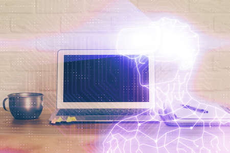 Computer on desktop with AR theme icon. Multi exposure. Concept of augmented reality.