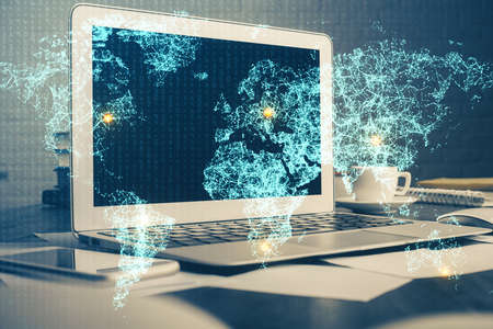 Computer on desktop with social network theme icon. Multi exposure. Concept of international...