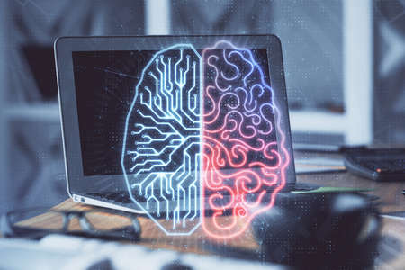 Double exposure of work table with computer and brain sketch hologram. Brainstorming concept.