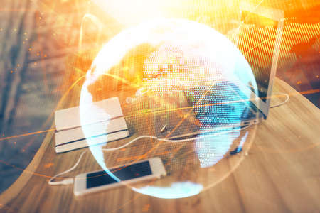 Multi exposure of business theme icons and table with computer background. Concept of success.の写真素材