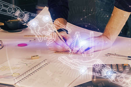 Mans hands with technology theme multi exposure icons. Concept of big data.