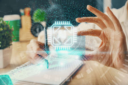 Multi exposure of writing hands on background with data solution hologram. Technology concept.