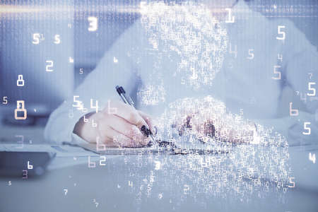 Tech theme hologram over womans hands taking notes background. Concept of hightech. Double exposure