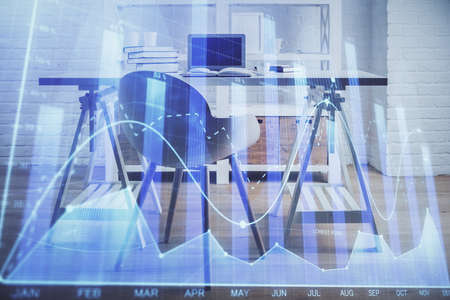 Double exposure of financial graph drawing and office interior background. Concept of stock market.