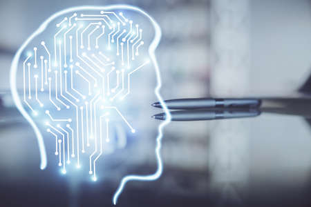 Double exposure of Ai data brain drawing over coffee cup background.