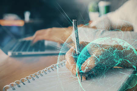 Double exposure of social network theme drawing over people taking notes background. Concept of...